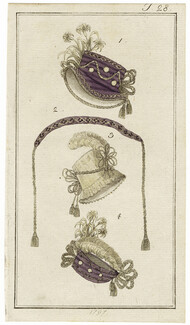 Journal des Luxus und der Moden 1797 n°28 Women's hats, Hand-colored engraving
