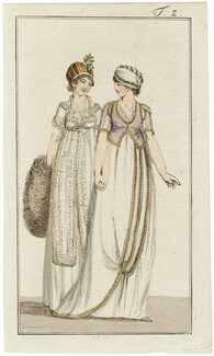 Journal des Luxus und der Moden 1799 n°2 Two Women Holding Hands, Rare Hand-colored engraving