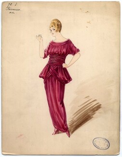 Doeuillet (Couture) 1913 Original Fashion Drawing "Primerose", gouache. 24 Place Vendôme