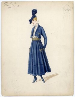 Doeuillet (Couture) 1916 Original Fashion Drawing "Passe-Partout", gouache. 24 Place Vendôme