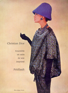 Christian Dior - Yves Saint-Laurent Printemps 1960, Ensemble en satin de soie imprimé, Pétillault, Photo Jacques Decaux