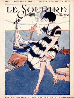 Fabien Fabiano 1919 "Sur la Falaise" fishing boats, Wind, Attractive Girl