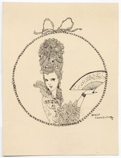 Denise Charleville 1929 Original Drawing, Portrait, 18th Century Costumes, Hand Fan