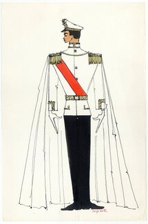 Serge Matta 1960 Full-Dress Uniform, Original Fashion Drawing Watercolor Signed