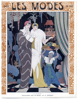 George Barbier 1919 "Variations sur la mode" Fur Coat, Art Deco Style, Japanese Garden