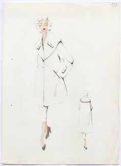 Original sketch in the graphite and the watercolor, for a 1950s Album of fashion trends