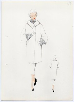 Original sketch in the graphite and the watercolor, for a 1950s Album of fashion trends