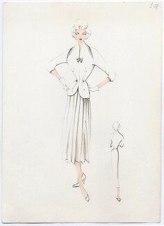 Original sketch in the graphite and the watercolor, for a 1950s Album of fashion trends