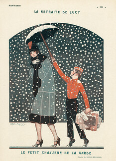 Joseph Kuhn Régnier 1925 The Snow, Bellboy Elegant Parisienne, Bellhop, Umbrella