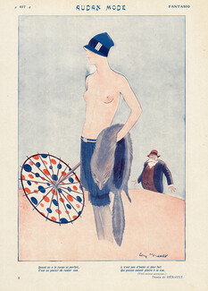 Pierre Herault 1927 "Audax Mode" Beach, Topless Girl, Fox Fur