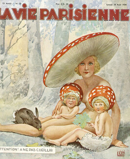 Georges Léonnec 1934 Sexy Girl Nude, Children Mushrooms Costume Disguise
