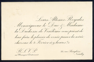 Leurs Altesses Royales Le Duc et la Duchesse de Vendôme 1927 Invitation Card, Marquis Dadvisard
