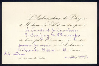 Ambassadeur de Pologne, Mme Chlapowska 1927 Invitation Card, Comtesse de Savigny de Moncorps