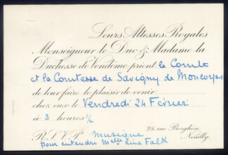 Duc et Duchesse de Vendôme 1927 Invitation Card Comtesse de Savigny de Moncorps, Lina Falk