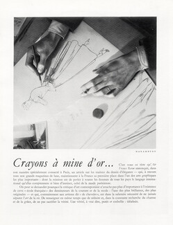 Crayons à mine d'or..., 1947 - Portraits et dessins de Jc. Haramboure, Baumgartner, Victoria Nat, Pierre Simon, Blossac, Pagès, René Gruau, 4 pages