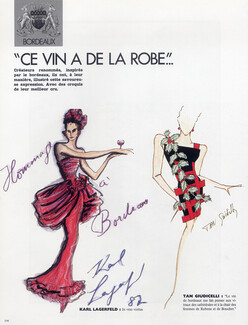 "Hommage à Bordeaux" 1987 Karl Lagerfeld, Giudicelli, Coveri, Lacroix, Mugler, Rykiel, Kenzo, Castelbajac, Sonia Rykiel, 4 pages