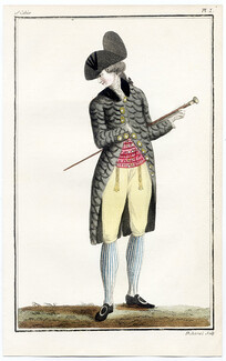 Cabinet des Modes 1 Avril 1786, 10° cahier, planche I, Jeune Homme portant un frac gris