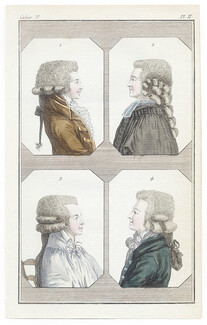 Cabinet des Modes 15 Décembre 1785, 3° cahier, planche II, 4 bustes d'Hommes en perruque, hairstyle, wigs