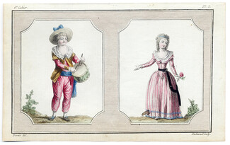 Cabinet des Modes 1 Février 1786, 6° cahier, planche I. Petit garçon au tambour, fille à la rose, Claude-Louis Desrais