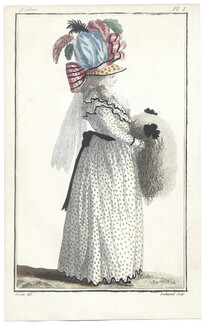 Cabinet des Modes 15 Mars 1786, 9° cahier, planche I, Claude-Louis Desrais, Cephise portant casque à la Bellone