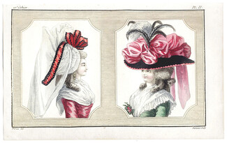 Cabinet des Modes 1 Avril 1786, 10° cahier, planche II, Claude-Louis Desrais, Fashion Illustration (hats)