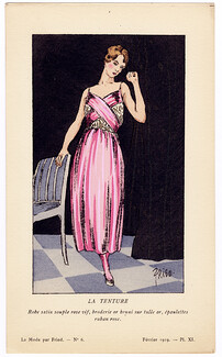 Fried 1919 "La Tenture" Evening Gown Pink Satin and Ribbon, Pochoir