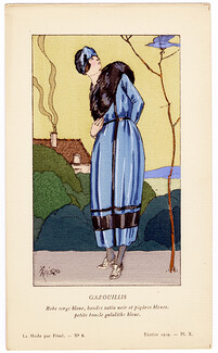 Fried 1919 Blue Dress, Galalithe Buckle, Pochoir