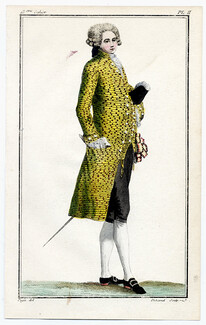 Cabinet des Modes 15 Mai 1786, 13° cahier, planche II, Homme en habit et veste de velours, Pugin