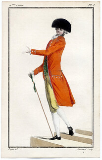 Cabinet des Modes 1 Juin 1786, 14° cahier, planche I, Jeune homme en habit de drap, Pugin