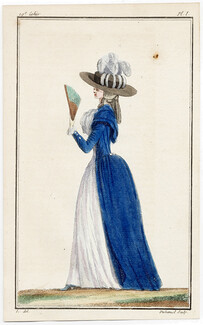 Cabinet des Modes 15 Août 1786, 19° cahier, planche I, Dame en redingote bleue, Hand Fan