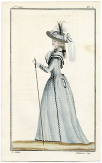 Cabinet des Modes 1 Septembre 1786, 20° cahier, planche I, Femme en redingote de taffetas