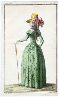 Cabinet des Modes 1 Novembre 1786, 24° cahier, planche II, Femme en redingote canne à la main, Claude-Louis Desrais
