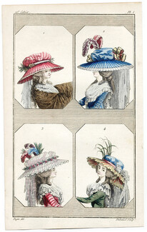 Cabinet des Modes 1 Mai 1786, 12° cahier, planche I, Quatre chapeaux, Pugin