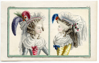Cabinet des Modes 1 Juillet 1786, 16° cahier, planche II, 2 Femmes, Pugin