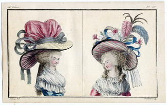Cabinet des Modes 1 Novembre 1786, 24° cahier, planche III, Deux bustes de Femmes en caraco, Claude-Louis Desrais