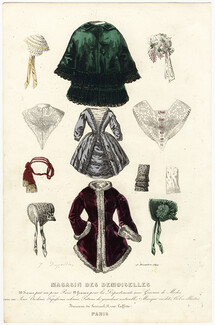 Magasin des Demoiselles 25 Décembre 1849, Planche de modes variées, Bonnets, Pardessus, Robe de petite fille, Sous-manche