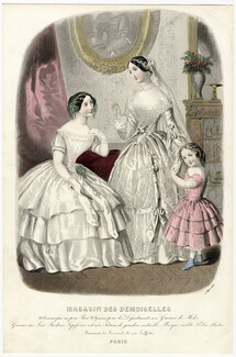 Magasin des Demoiselles 25 Mars 1850 n°1/2, Anaïs Toudouze, Toilettes de mariée, de bal, Costume de petite fille