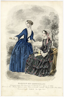 Magasin des Demoiselles 25 Septembre 1850, Anaïs Toudouze, Toilettes de dame (soie chinée), de jeune fille, Bonnet Marie Stuart