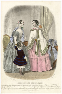 Magasin des Demoiselles 25 Décembre 1851, Anaïs Toudouze, Toilette de dame (corsage à basques Louis XV), Toilette de soirée de jeune fille, petit garçon Blouse Henri II