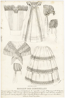 Magasin des Demoiselles 25 Août 1852 Objets de mode et de lingerie, Chemisette, Robe de maillot, Mantelet de soie, Jupe garnie, Bonnets