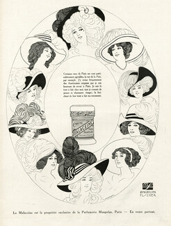 Malaceïne 1911 Maximilian Fischer, Fashion Illustration hats, Portrait