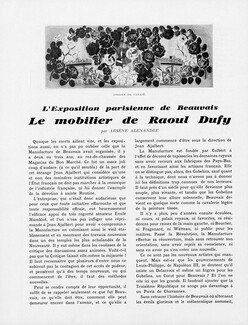 Le mobilier de Raoul Dufy, 1931 - Manufacture de Beauvais, Texte par Arsène Alexandre, 5 pages