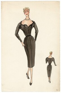 Robert Piguet 1939 Dress long sleeves, Original Fashion Drawing