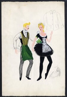 Georges Wakhevitch 1950 Original Costume Design, "Frivolités, Le Valet de Chambre et la Soubrette, Suzanne Sarabelle