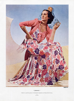 Worth 1936 Garden-party dress, Bianchini Férier (fabric), Photo Studio Franz