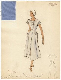 Georgette Renal 1950s, Original Fashion Drawing, Ensemble de Plage "Fleur Bleue"