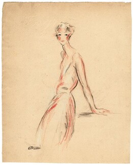 A. Fried 1940s, Original Drawing, Charcoal and pastel, Elegant Parisienne
