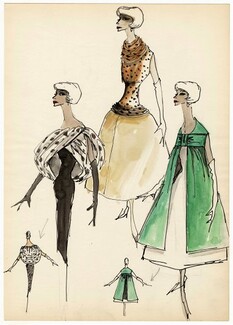 Jacques Fath 1950s Dominique Serres, Original Fashion Drawing