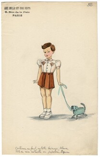"Aux Mille et une Nuits" (Manufacturer of luxury clothes for children) 1940s, Original Fashion Drawing, boy, sheep Toys