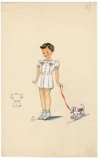 Aux Mille et une Nuits (Fashion Children) 1940s, Original Fashion Drawing, boy, dog Toys